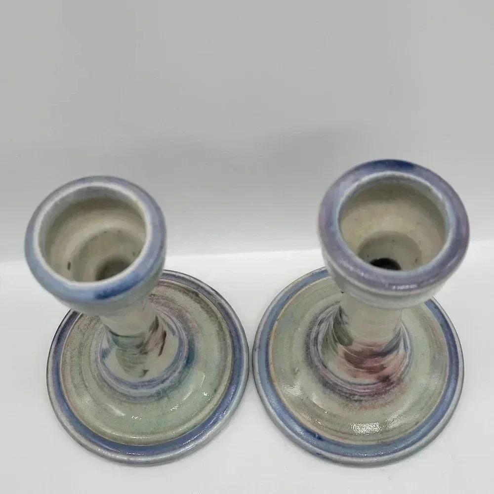 Set of Two Pottery Candle Holder ,Signed Earthy Colors Light Blue Green - Picture 3 of 7